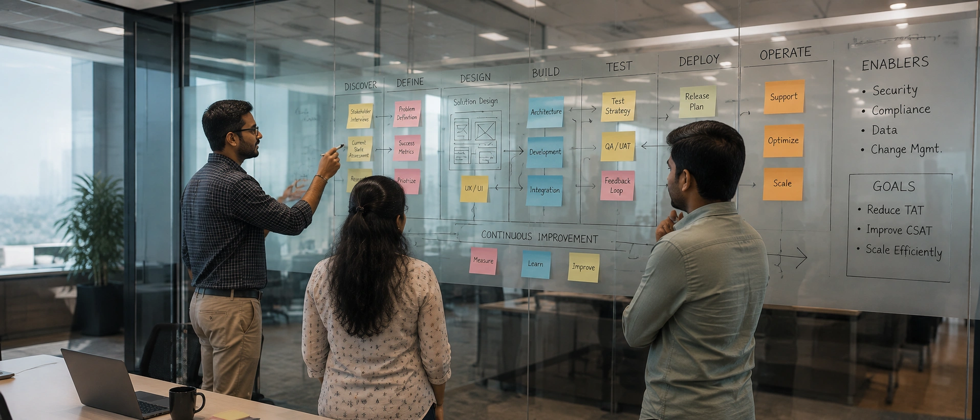 A senior engineer and a client team mapping a delivery plan on a glass wall.